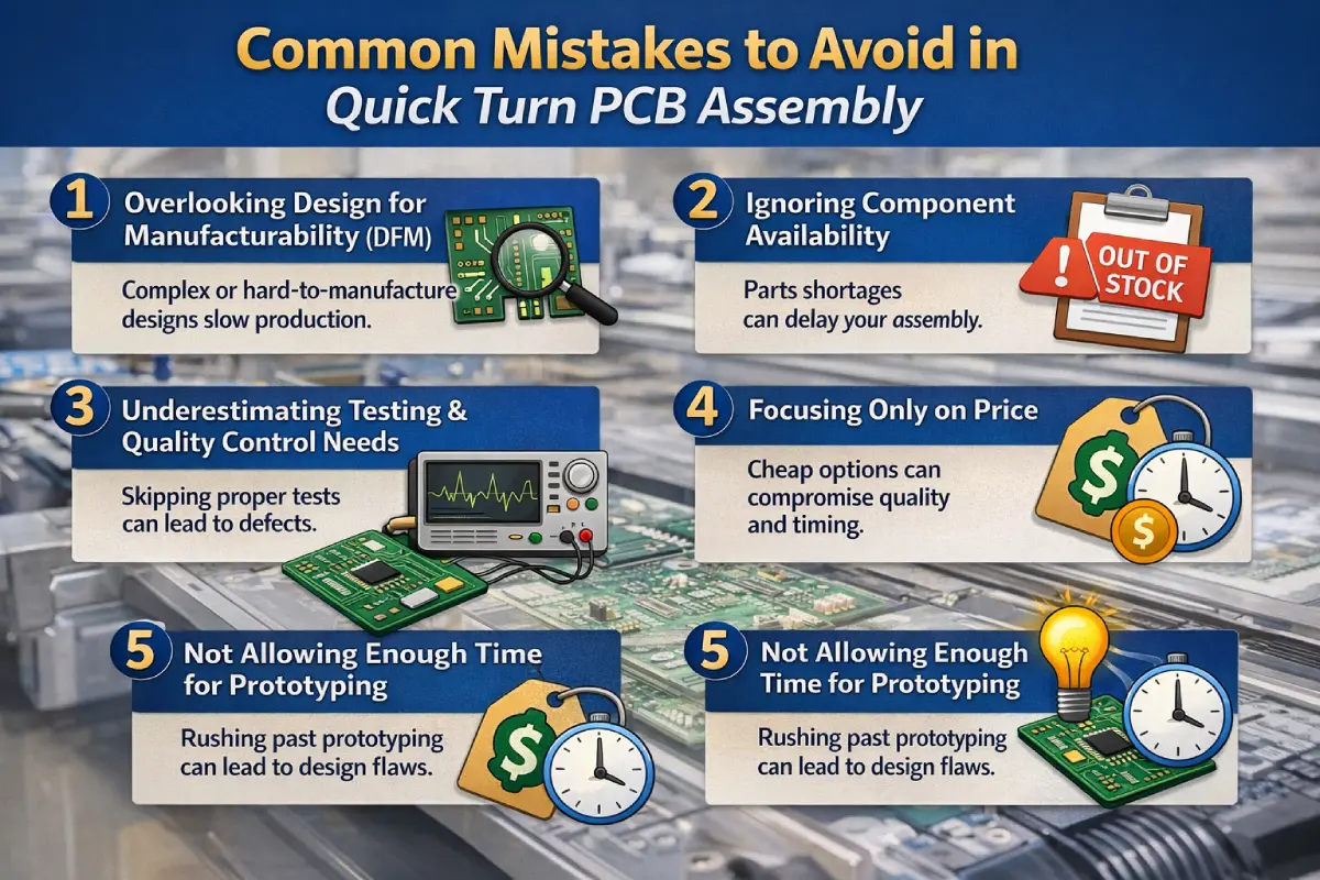 Quick Turn PCB Assembly: What You Need to Know | JS Circuit INC Visual guide to common mistakes to avoid in quick turn PCB assembly such as poor manufacturability component shortages insufficient testing price-only decisions and rushed prototyping