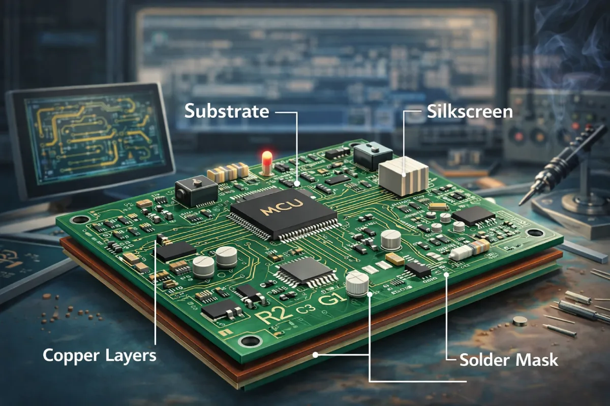 PCB vs PCBA: What’s the Difference? | JS Circuit INC Detailed close-up illustration of a multi-layered PCB with key components labeled, including Substrate, Copper Layers, Silkscreen, and Solder Mask, in a manufacturing workspace with tools and a computer screen showing a circuit design.