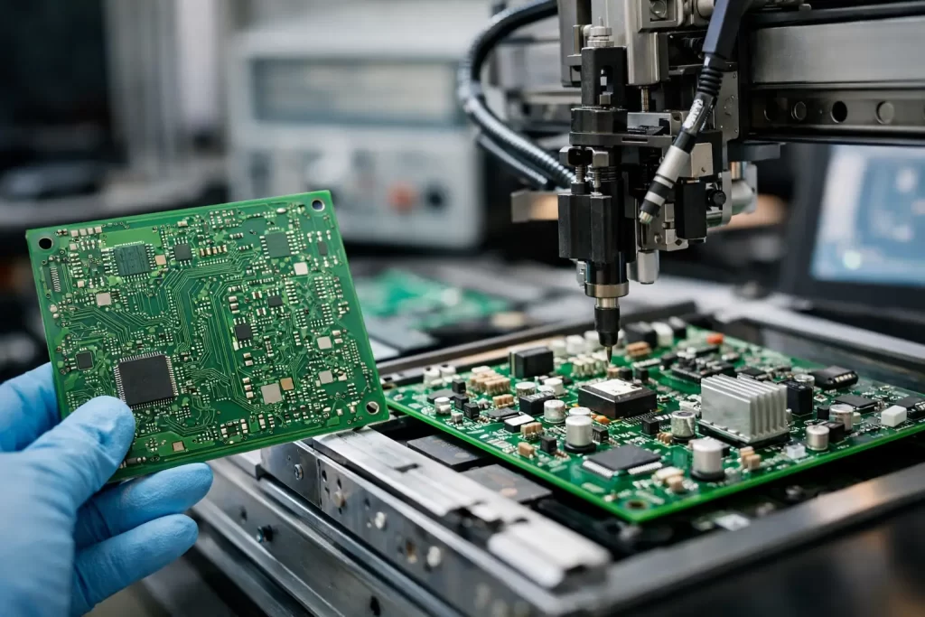 Close-up of PCB and PCBA assembly process with robotic placement of components on printed circuit board