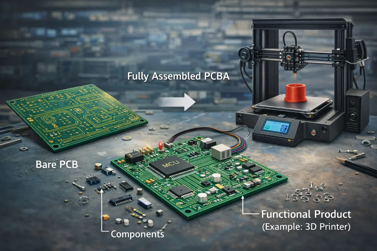 PCB vs PCBA: What’s the Difference? | JS Circuit INC Illustration showing the journey from a bare PCB to a fully assembled PCBA, with components being placed on the board and the finished product powering a 3D printer.