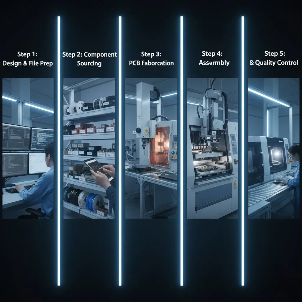 Quick Turn PCB Assembly: What You Need to Know | JS Circuit INC A 5-step infographic of the quick turn PCB assembly process, including design, component sourcing, fabrication, assembly, and quality control.