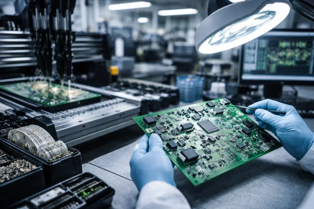 Quick Turn PCB Assembly: What You Need to Know | JS Circuit INC Technician inspecting a quick turn PCB assembly in an electronics manufacturing facility with pick-and-place equipment and assembled circuit boards
