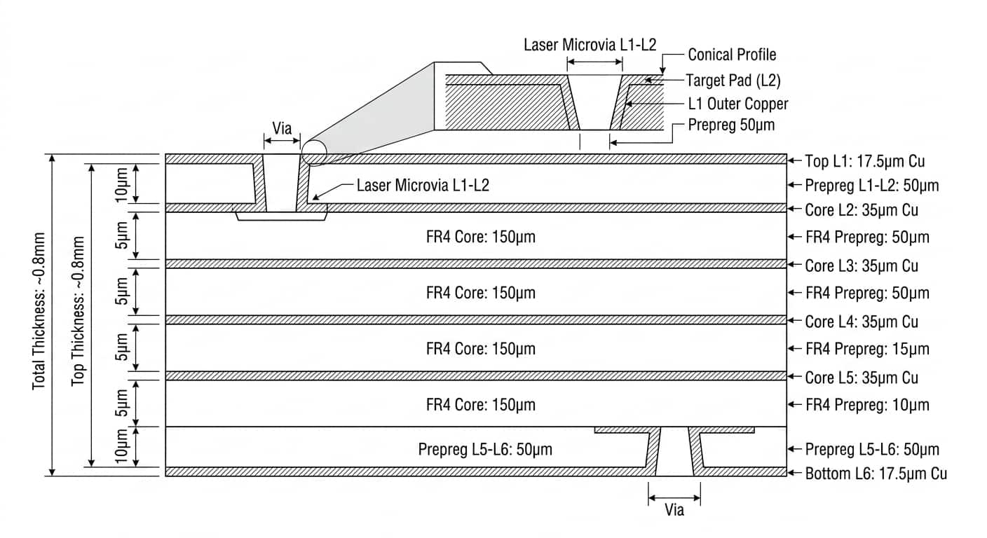 0201 SMT Assembly & Reflow Optimization | JS Circuit INC Technical cross-section of JS Circuit 1+4+1 HDI stackup