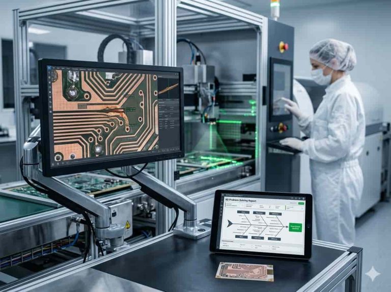 An advanced PCB factory quality assurance engineer verifying an 8D problem solving report using digital microscopic failure analysis and automated optical inspection systems during a printed circuit board manufacturing reliability audit.