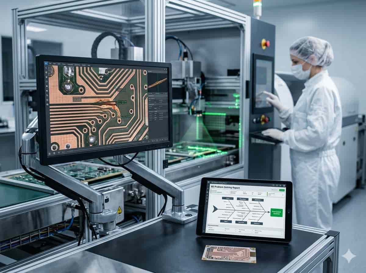 An advanced PCB factory quality assurance engineer verifying an 8D problem solving report using digital microscopic failure analysis and automated optical inspection systems during a printed circuit board manufacturing reliability audit.