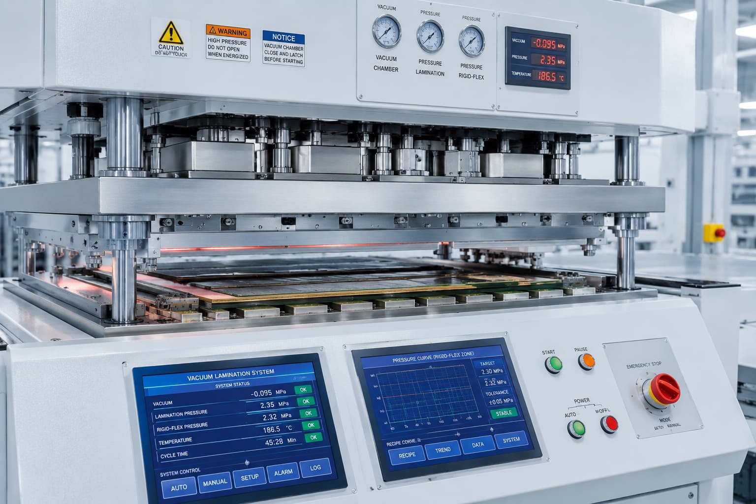 The DFM Guide to High-Reliability Rigid-Flex PCB Engineering: Overcoming the Transition Zone Vulnerabilities | JS Circuit INC Automated high-precision vacuum lamination line at JS Circuit factory, performing controlled-pressure prepreg bonding for multilayer rigid-flex PCBs.