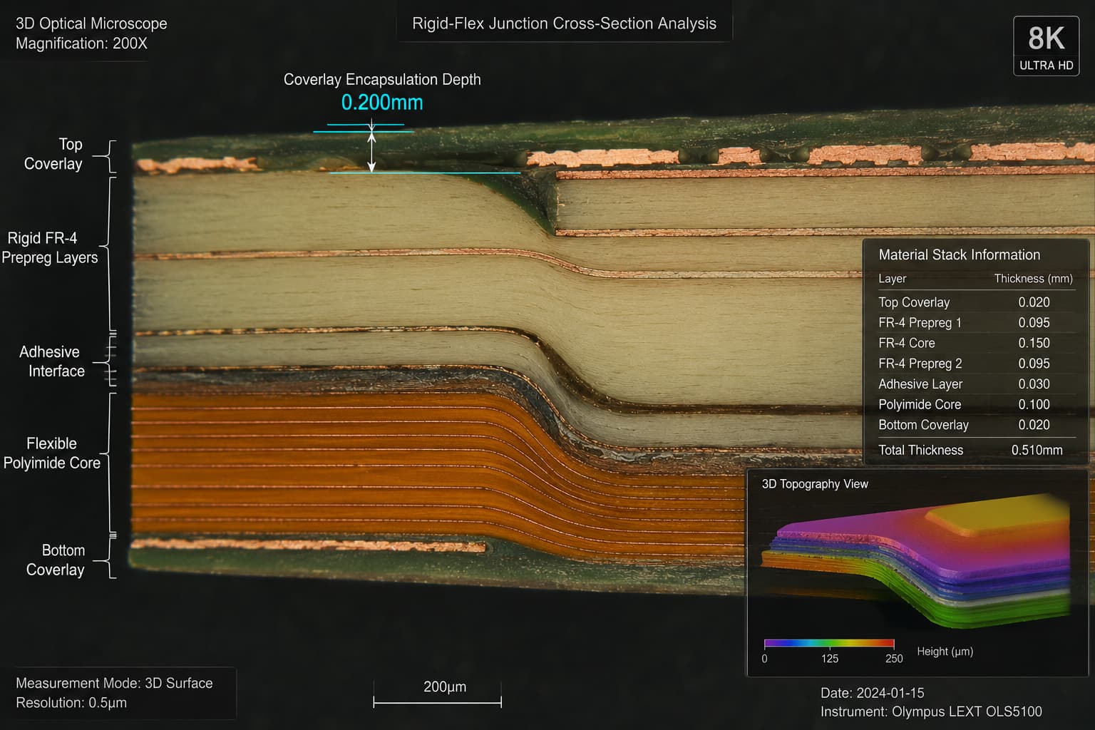The DFM Guide to High-Reliability Rigid-Flex PCB Engineering: Overcoming the Transition Zone Vulnerabilities | JS Circuit INC High-magnification cross-section micrograph of a multilayer rigid-flex PCB transition zone, ensuring zero adhesive prepreg bleed and compliance with IPC-6013 Class 3 reliability specifications.