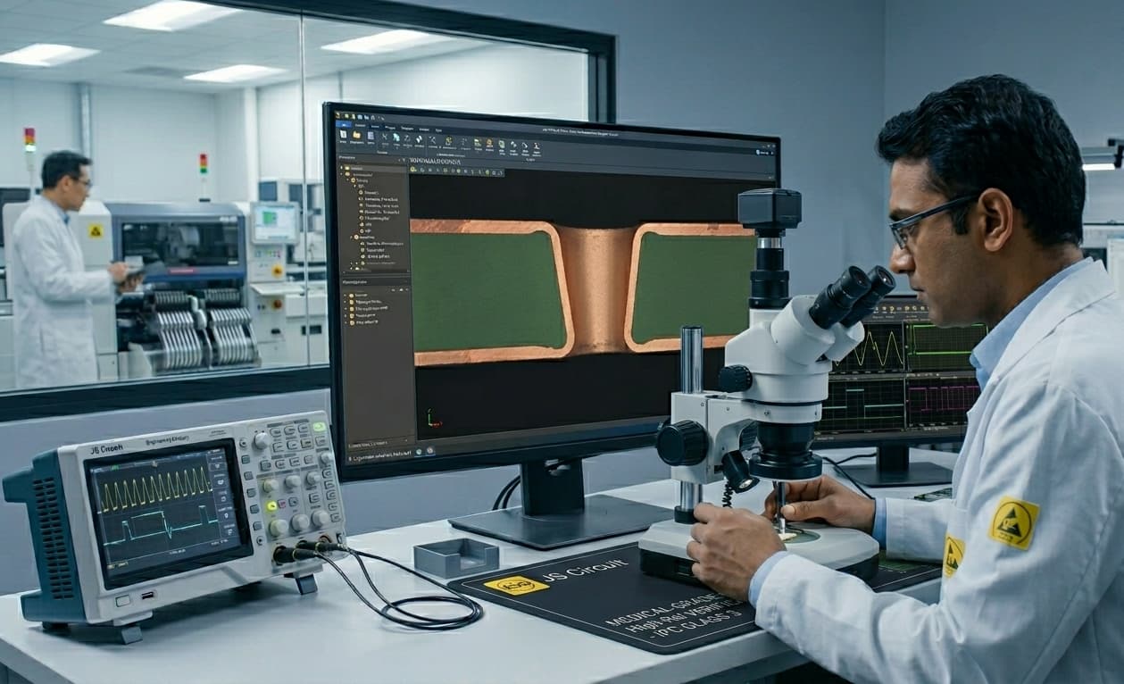 Advanced HDI PCB Stackup & Microvia Technology | JS Circuit INC Metallographic cross-section analysis of HDI copper-filled microvia